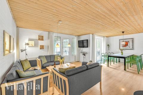 Die Couch im Luxusferienhaus Nr. 145 in Westjütland lädt zu Gesellschaftsspielen oder zu Kinoabenden ein.