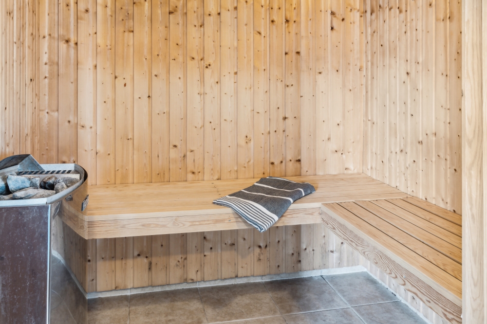 Genießen Sie die heiße Sauna im Luxusferienhaus Nr. 202 für 24 Personen