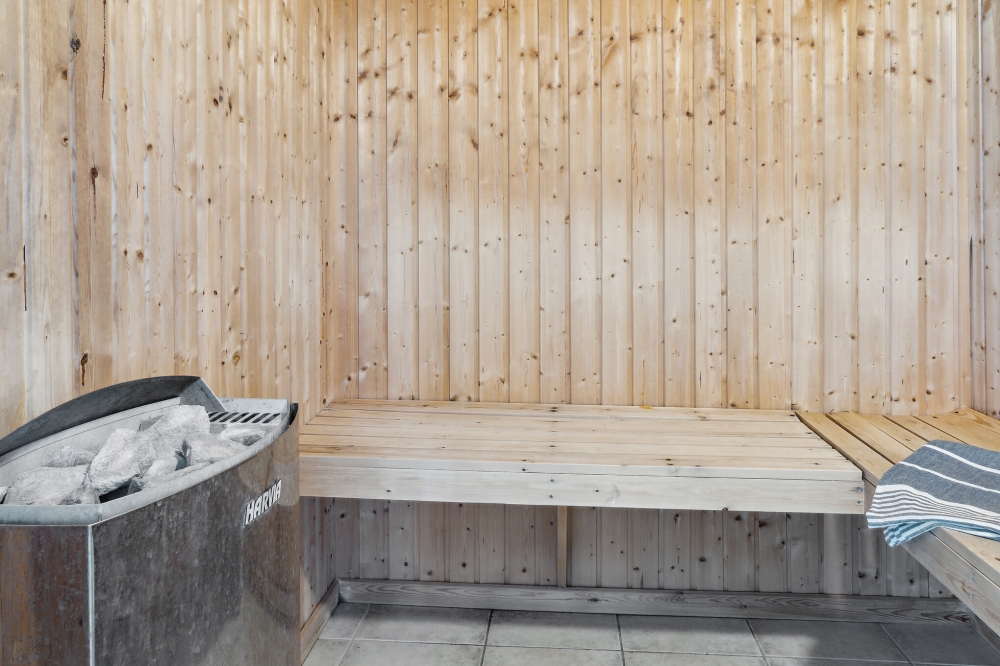 Genießen Sie die heiße Sauna im Luxusferienhaus Nr. 208 für 24 Personen