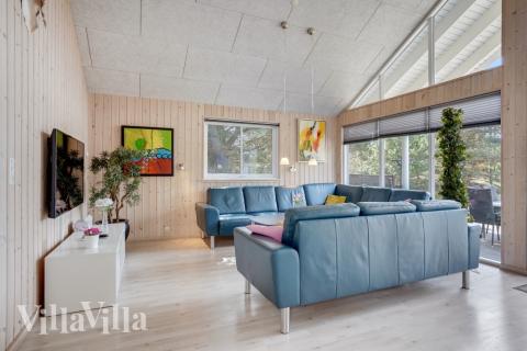 Die Couch im Luxusferienhaus Nr. 273 in Westjütland lädt zu Gesellschaftsspielen oder zu Kinoabenden ein.