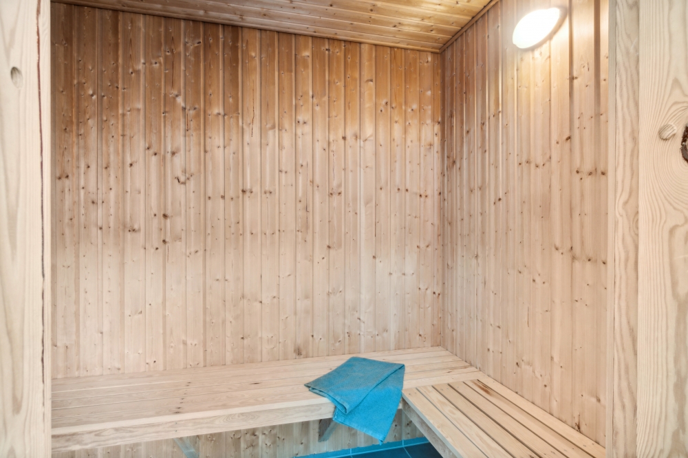 Genießen Sie die heiße Sauna im Luxusferienhaus Nr. 350 für 24 Personen