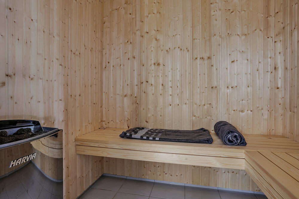 Genießen Sie die heiße Sauna im Luxusferienhaus Nr. 419 für 24 Personen