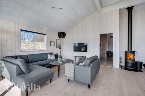 Die Couch im Luxusferienhaus Nr. 523 in Nordjütland lädt zu Gesellschaftsspielen oder zu Kinoabenden ein.