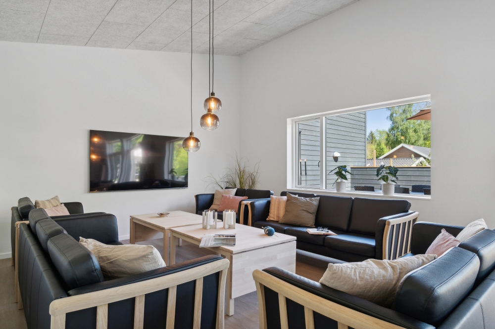 Die Couch im Luxusferienhaus Nr. 641 in Nordseeland lädt zu Gesellschaftsspielen oder zu Kinoabenden ein.