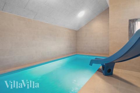 Das Ferienhaus 664 hat einen schicken Poolbereich mit Wasserrutsche, einem geräumigen, eingelassenen Whirlpool und einer Sauna.