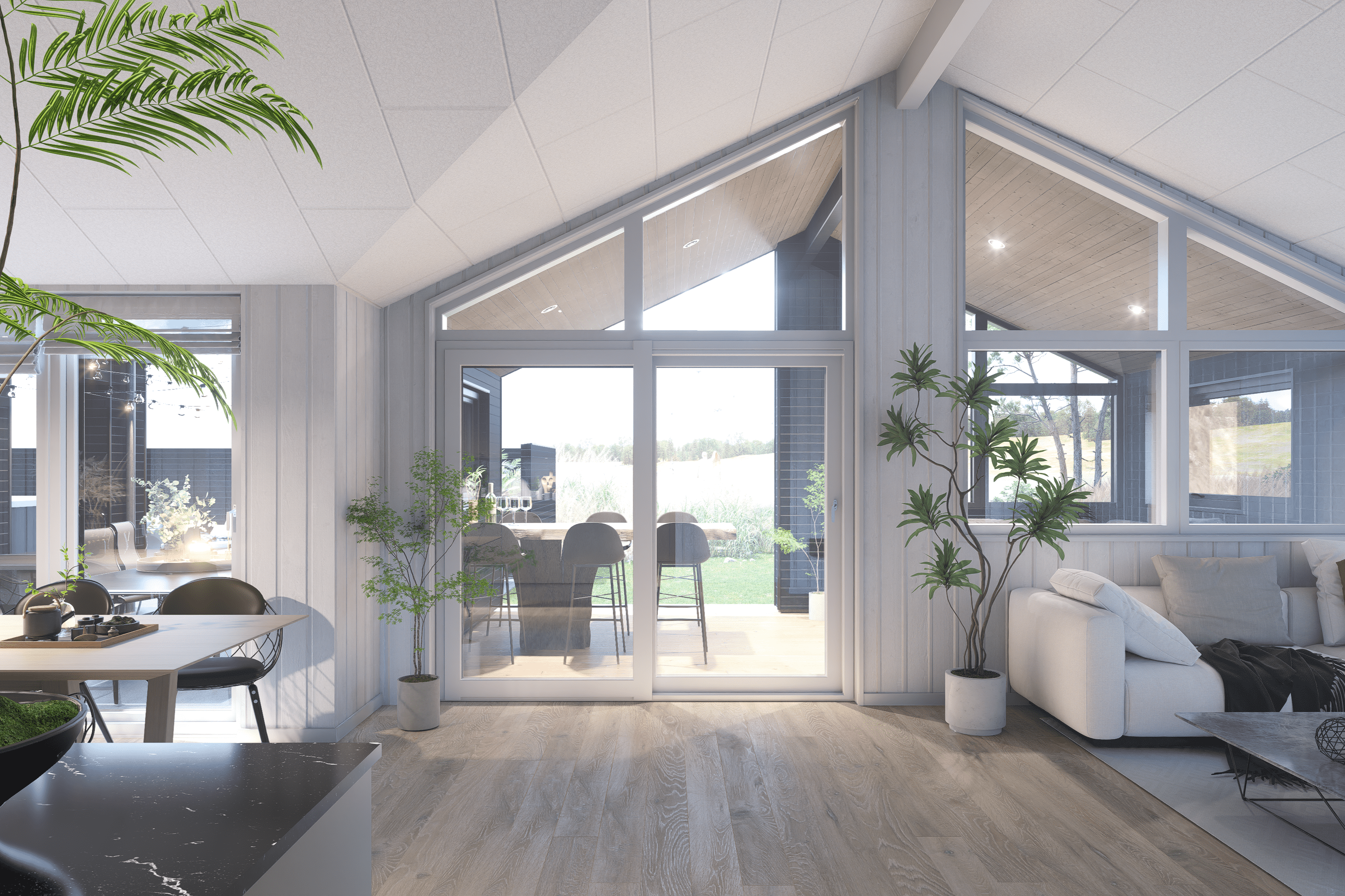 Der große, lichtdurchflutete Aufenthaltsraum im Luxusferienhaus Nr. 919 für 12.