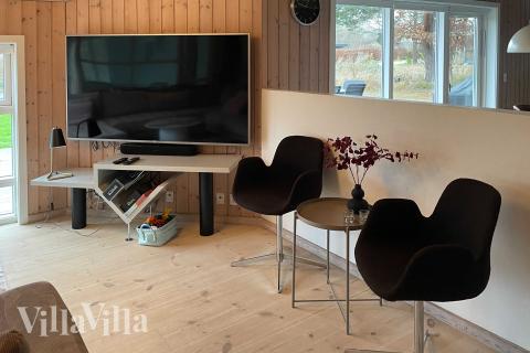Die Couch im Luxusferienhaus Nr. 963 in Nordseeland lädt zu Gesellschaftsspielen oder zu Kinoabenden ein.