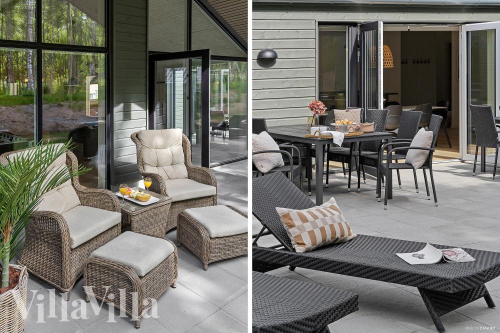 Das Luxusferienhaus Nr. 828 hat eine tolle Terrasse, die mit hochwertigen Gartenmöbeln für 26 Personen ausgestattet ist.