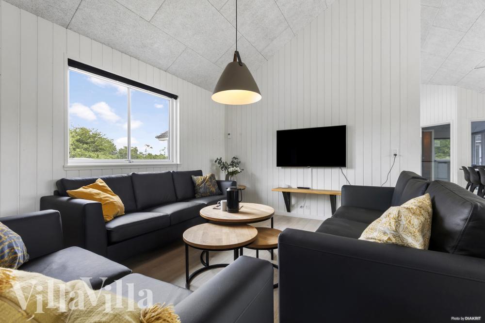 Die Couch im Luxusferienhaus Nr. 491 in Südjütland lädt zu Gesellschaftsspielen oder zu Kinoabenden ein.