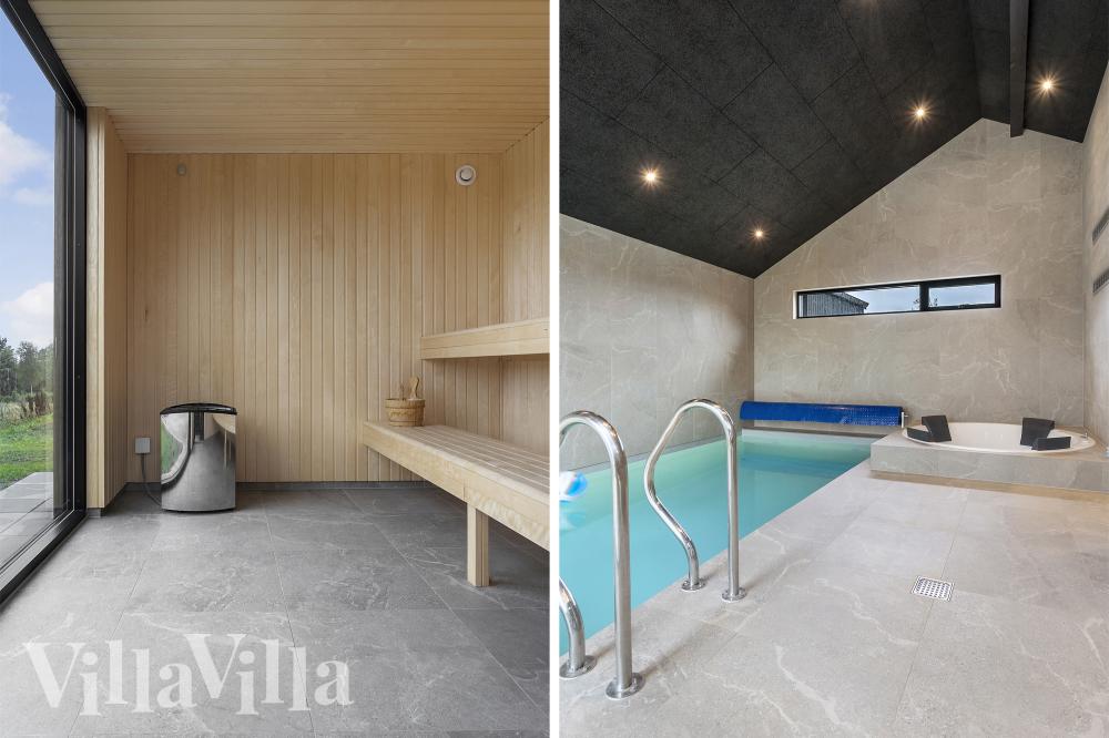 Das Ferienhaus 995 hat einen schicken Poolbereich mit Wasserrutsche, einem geräumigen, eingelassenen Whirlpool und einer Sauna.