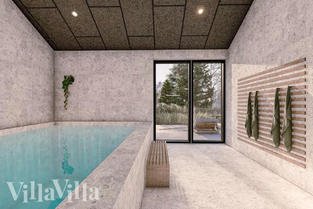 Das Ferienhaus 1017 hat einen schicken Poolbereich mit Wasserrutsche, einem geräumigen, eingelassenen Whirlpool und einer Sauna.